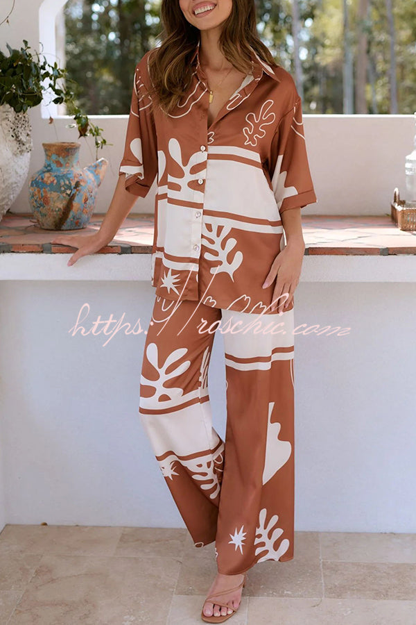 The Beach Unique Color Block Print Button Up Shirt and Elastic Waist Pants Set