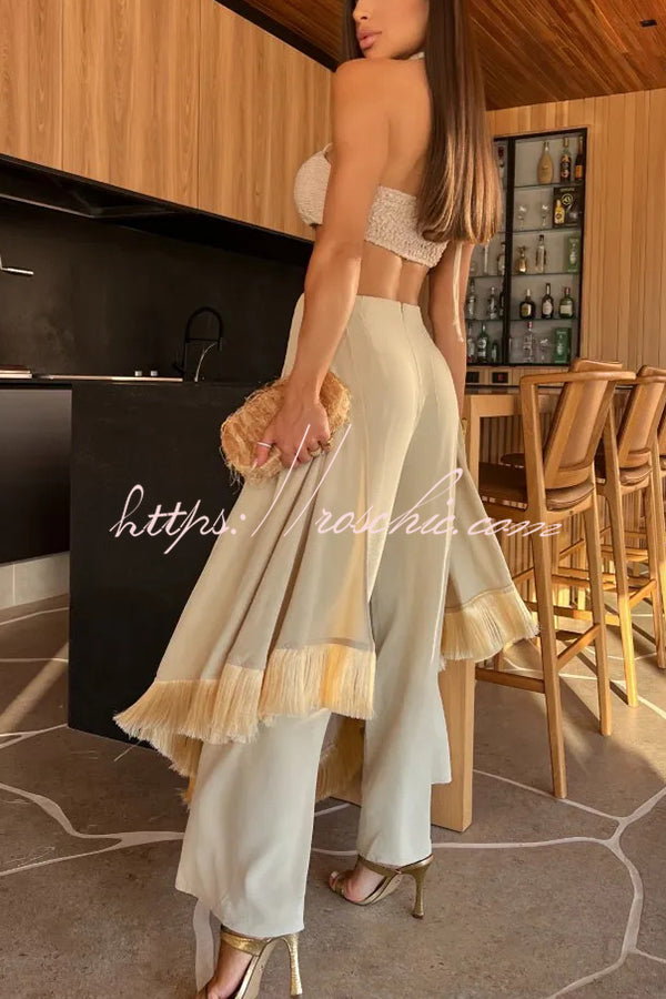 Lace-up Bandeau Top and Irregular Tassel Pants Set