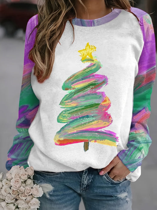 Christmas Tree Print Pullover Sweatshirt Rk6301