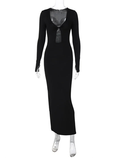 Hollow Out Slim Maxi Dress for V-neck High Waist Patchwork Autumn Party Dress Female Black Dress