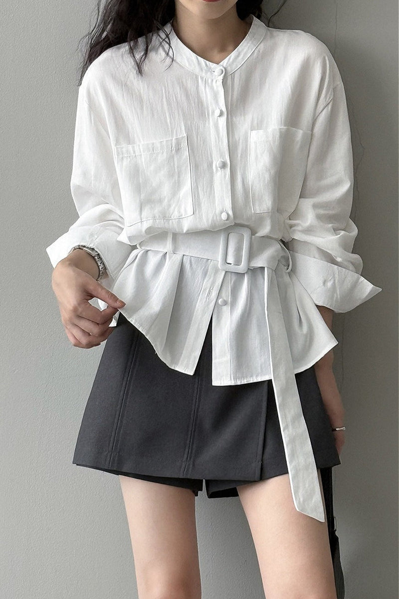 Waist Cinched Belted Long Sleeve Blouse