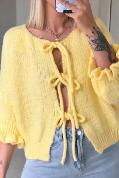 Lace Up Bow Flared Sleeve O-neck Cardigan Sweater