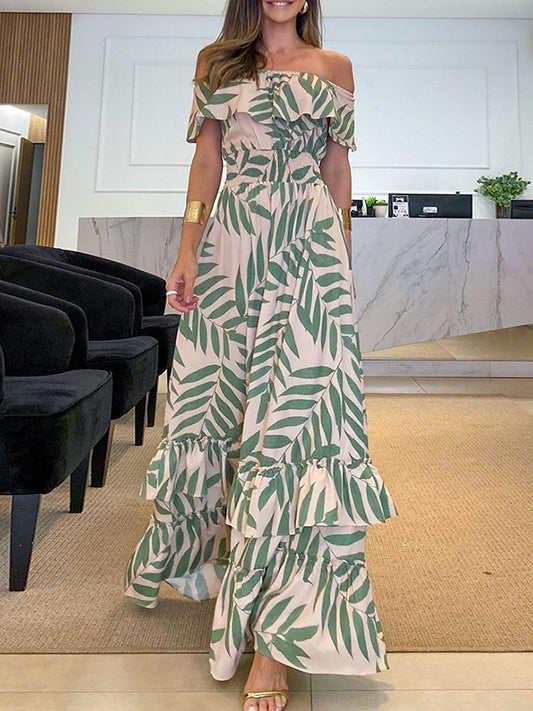 Loose Short Sleeves Elasticity Falbala Leaf Printed Off-the-shoulder Maxi Dresses