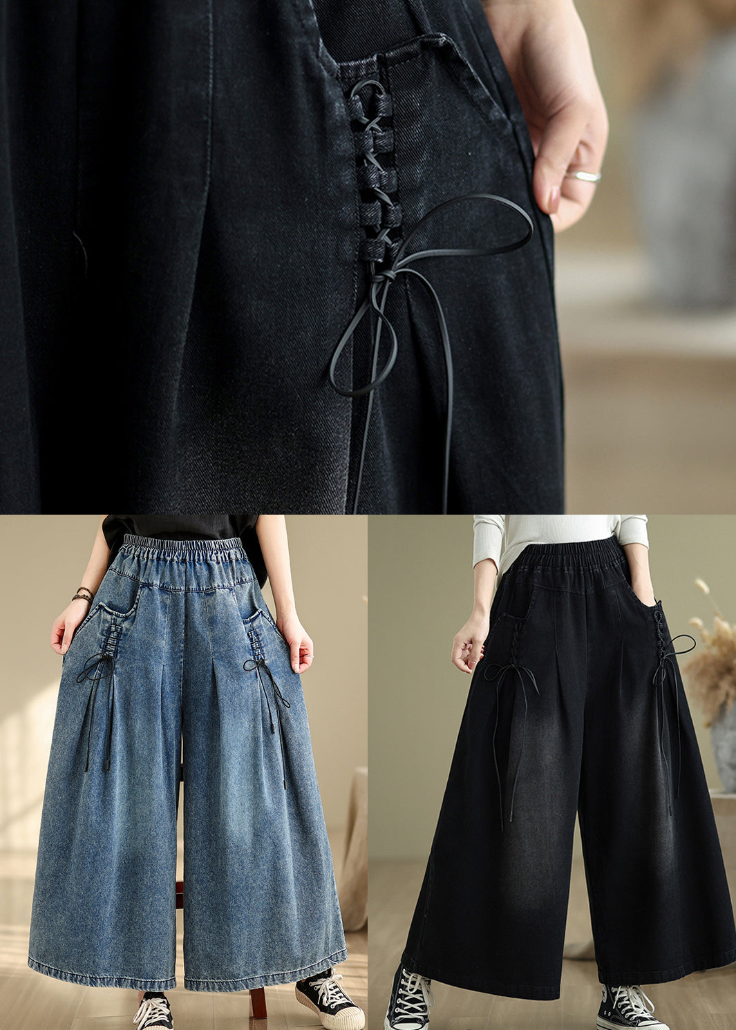 Summer Pants Strap Wide Wrinkled Denim Blue Cross Leg