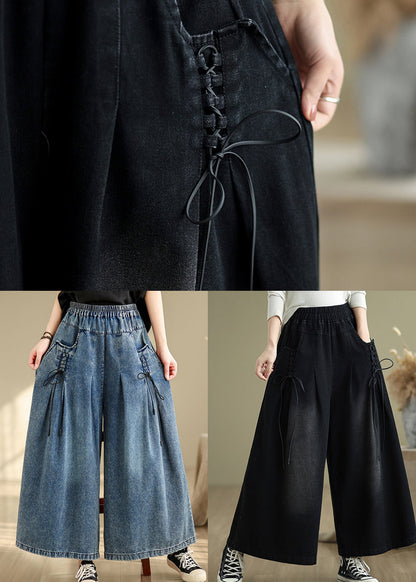 Summer Pants Strap Wide Wrinkled Denim Blue Cross Leg