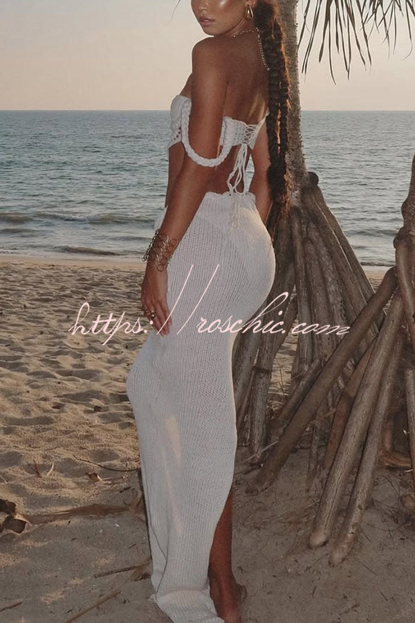 Kala Crochet Knit Braid Waist Slit Stretch Maxi Skirt