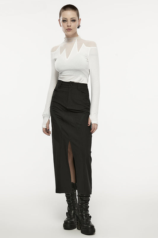 Daily V-shaped Front Slit A-line Mid-length Metal Engraved Snap Button Dark Skirt