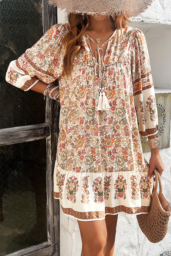 Style Unique Printed V-neck Tie Loose Mini Dress
