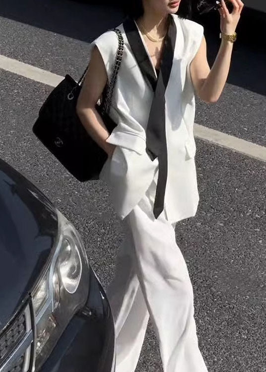 White Tops and Pants Linen Sets 2 Pieces Summer Ee050