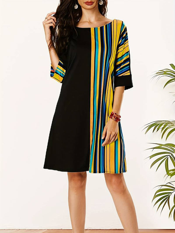 A-line Half Sleeves Asymmetric Contrast Color Striped Round-neck Mini Dresses