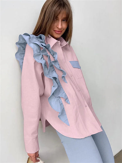 Ruffled Patchwork Shirts for Pocket Lapel Long Sleeve Cardigan Contrast Female Blouse Y2k Top