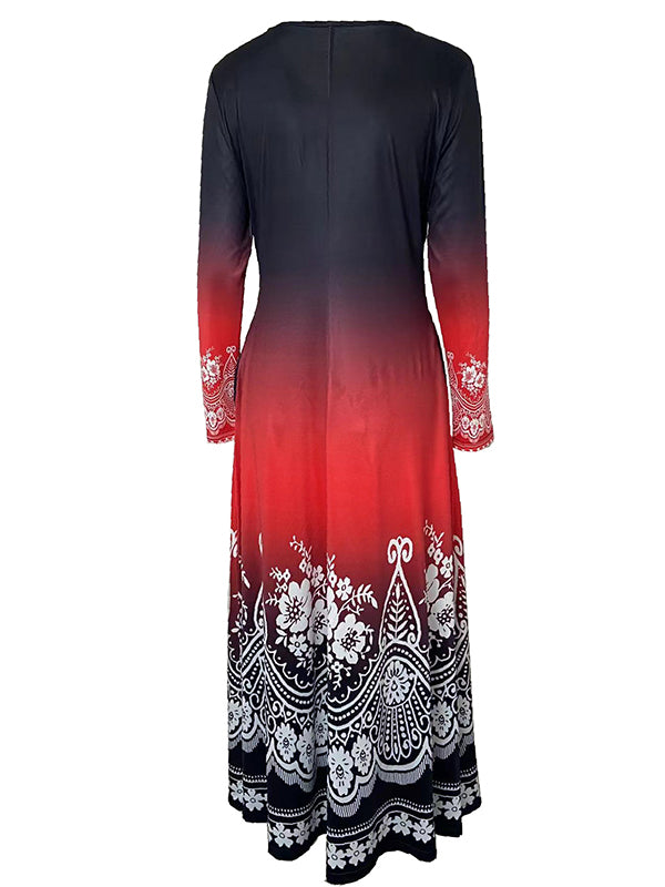 Long Sleeves Contrast Color Printed Round-neck Maxi Dresses