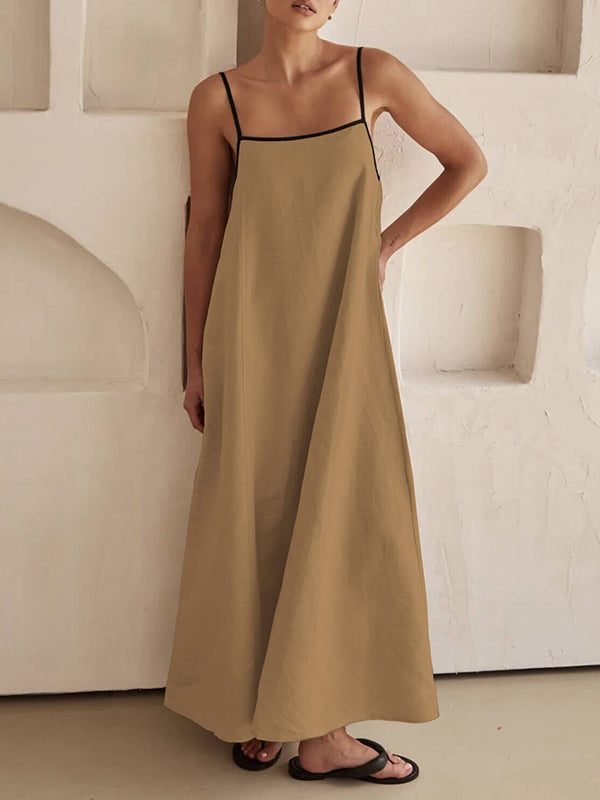 A-line Loose Split-joint Spaghetti-neck Maxi Dresses