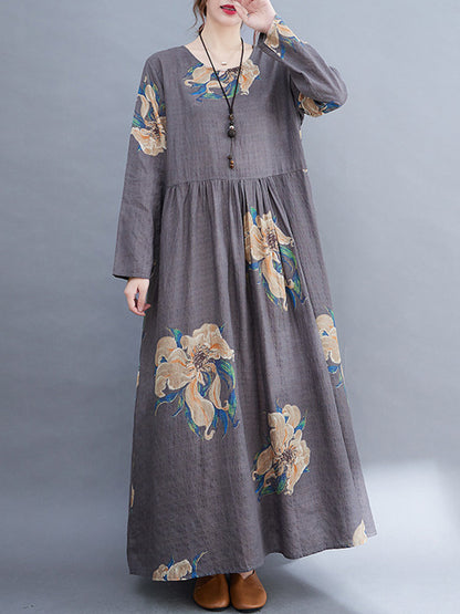 Loose Pleated Flower Printed Round-neck Long Sleeves Maxi Dress