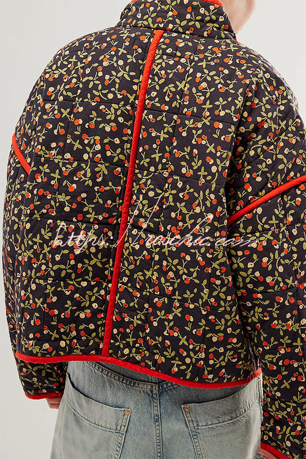 Print Pocket Contrast Concealed Button Cotton Coat
