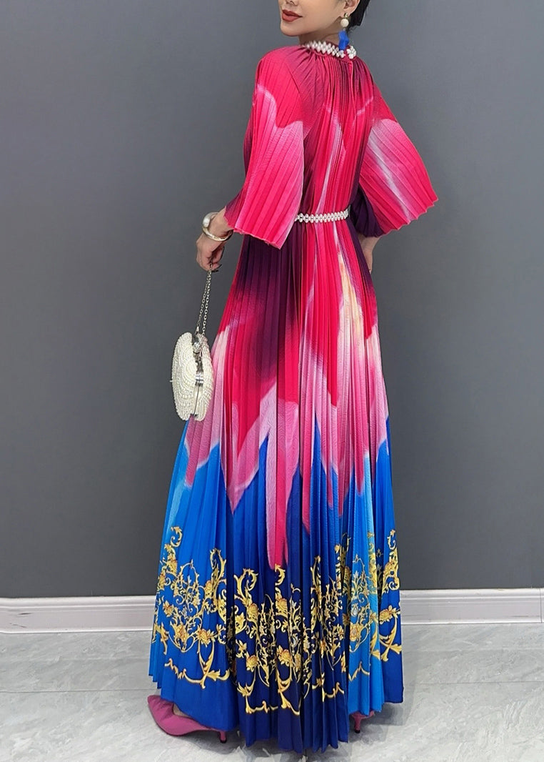 Red Blue Patchwork Print Sashes Maxi Dresses Half Sleeve Ao1041