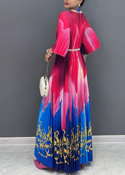 Red Blue Patchwork Print Sashes Maxi Dresses Half Sleeve Ao1041