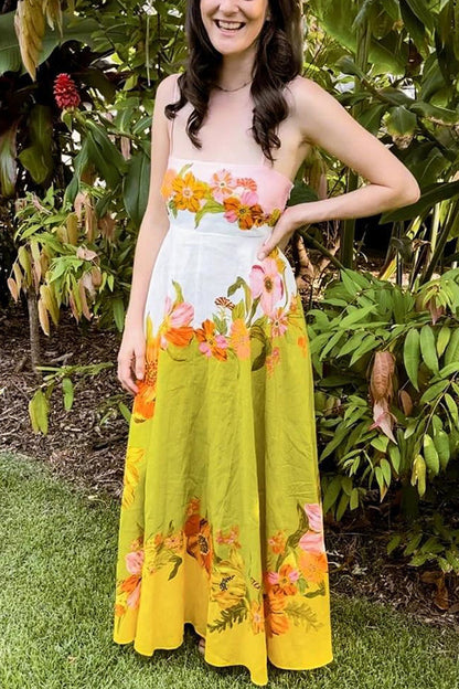 Malakai Linen Blend Contrast Print Back Smocked Pocket Maxi Dress