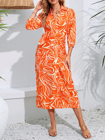A-line High Waisted Elasticity Printed Tied Waist Lapel Midi Dresses Shirt Dress