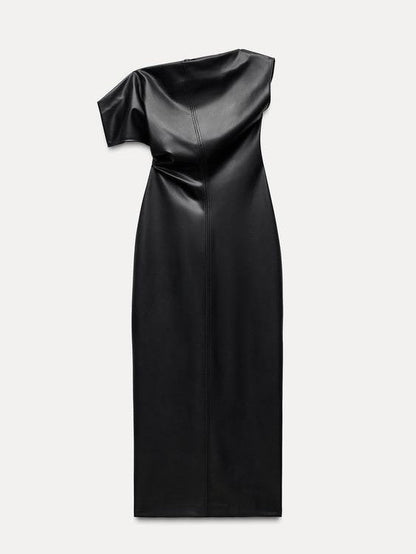 Asymmetric Pu Leather Slit Midi Dress