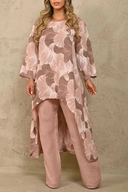 Exquisite Print Crew Neck Paneled Pant Suit