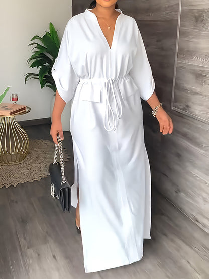 Loose Drawstring Color Split-side V-neck Maxi Dresses