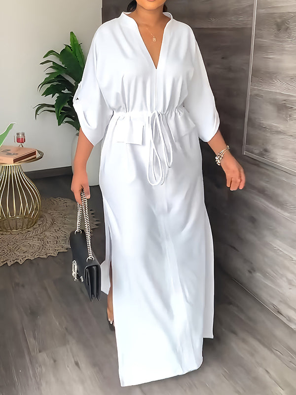 Loose Drawstring Color Split-side V-neck Maxi Dresses