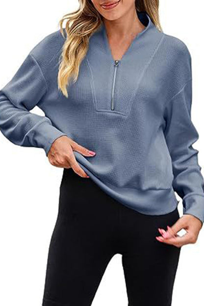 Waffle Zipper V-neck Pullover Long-sleeved Sweater
