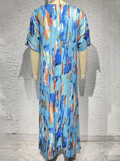 Loose Short Sleeves Multi-colored Printed V-neck Maxi Dresses