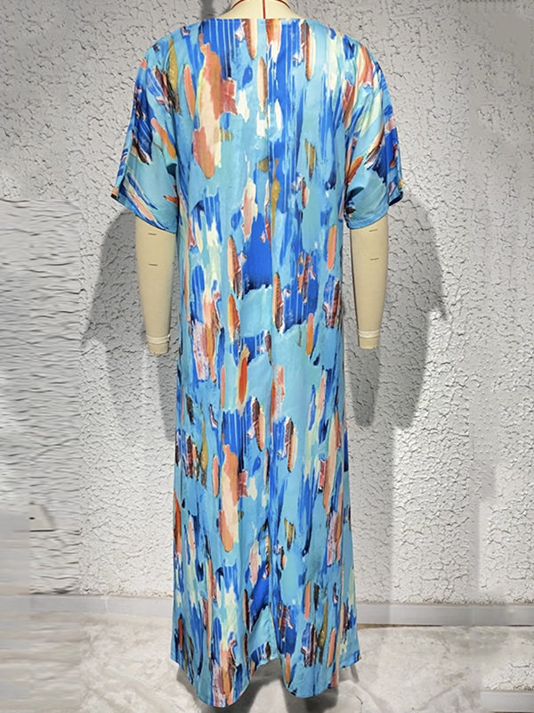 Loose Short Sleeves Multi-colored Printed V-neck Maxi Dresses