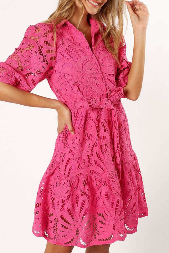 Color Lace Cutout Balloon Sleeves and Waist Tie Mini Dress