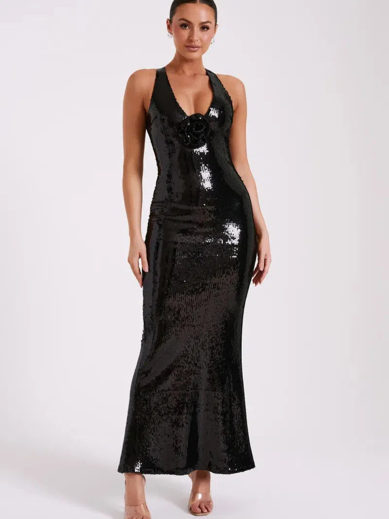 Applique Rose Sequin Backless Maxi Dress