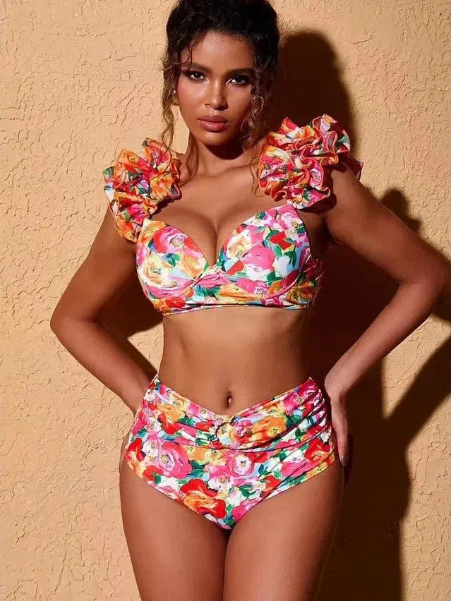 Print Ruffle Bikini Set With Skirt