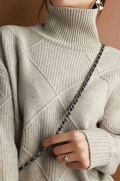 Diamond Pattern Turtleneck Loose Long-sleeve Sweater