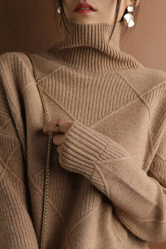 Diamond Pattern Turtleneck Loose Long-sleeve Sweater