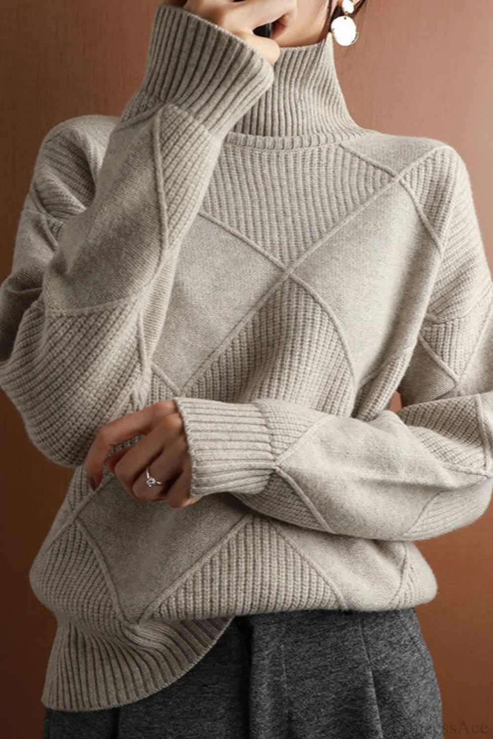 Diamond Pattern Turtleneck Loose Long-sleeve Sweater