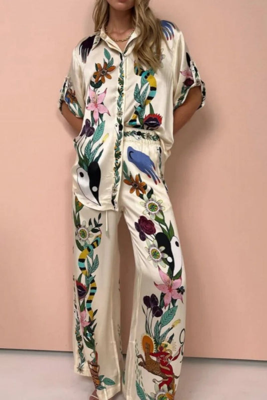 Natureza Printed Satin Shirt & Pants Set