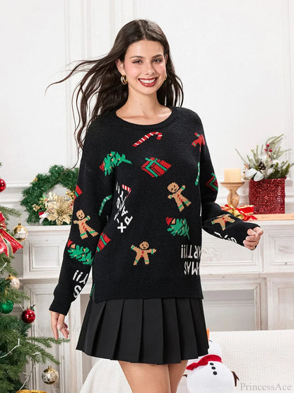 Drop Shoulder Gingerbread Man Pattern Long Sleeve Knit Christmas Sweater