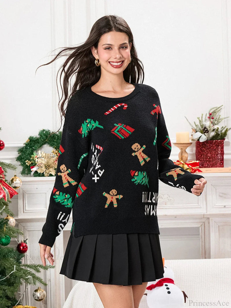 Drop Shoulder Gingerbread Man Pattern Long Sleeve Knit Christmas Sweater