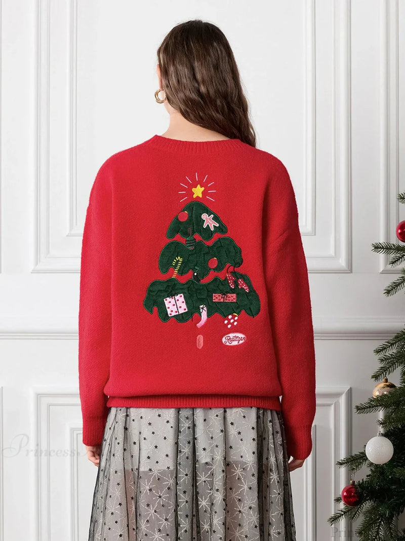 Drop Shoulder Long Sleeve Round Neck Christmas Tree Warm Christmas Sweater