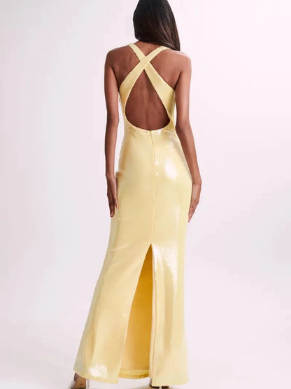 Applique Rose Sequin Backless Maxi Dress