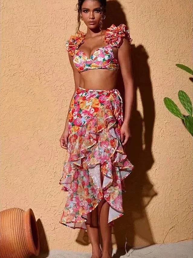 Print Ruffle Bikini Set With Skirt