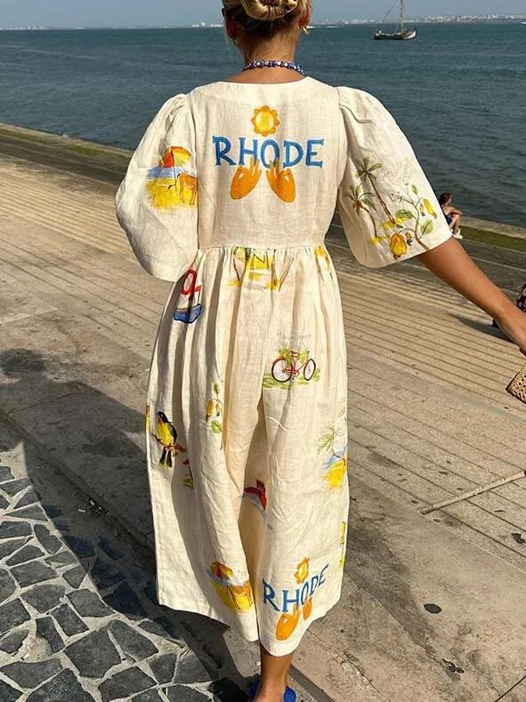 Folk Print Unique Holiday Puff Sleeve Midi Dress