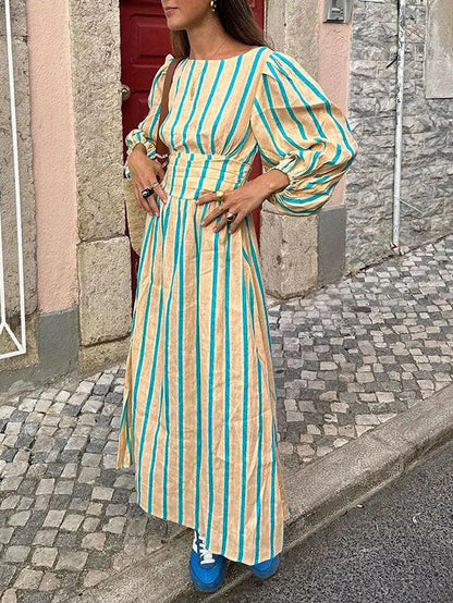 Striped Print Backless Midi Dress