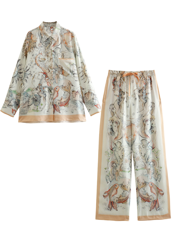 Satin Printed Long Sleeves Shirt and Pants Set