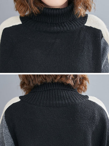 Stylish Grey High-neck Color-block Long Sleeve Knit Sweater An1043