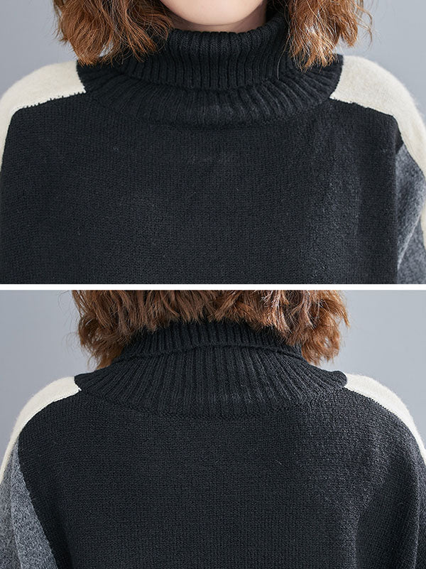Stylish Grey High-neck Color-block Long Sleeve Knit Sweater An1043
