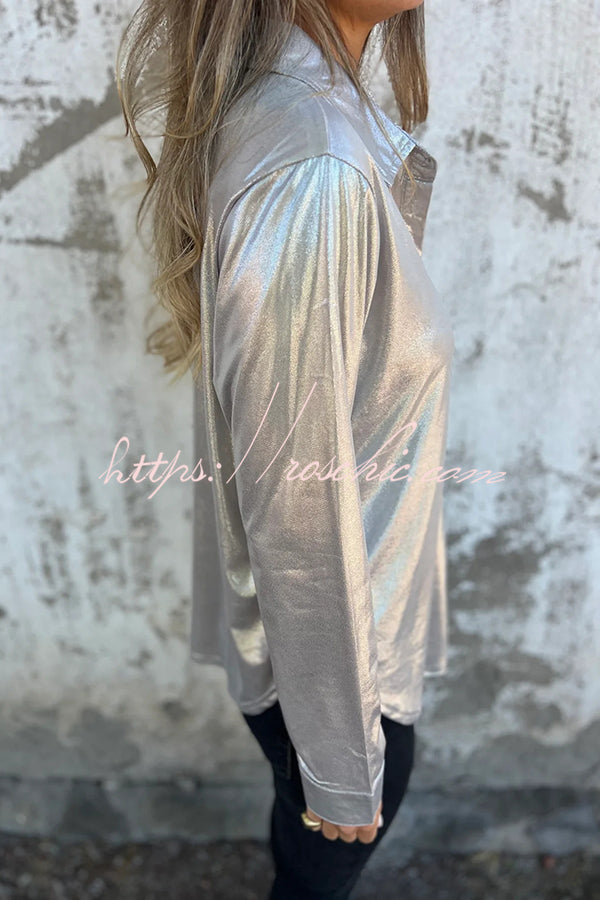 Holiday Look Metallic Loose Pocket Button-down Blouse