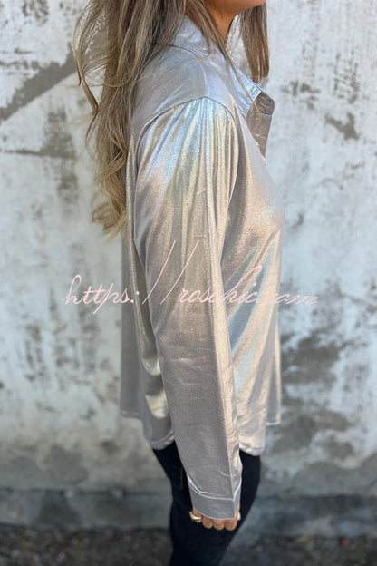 Holiday Look Metallic Loose Pocket Button-down Blouse