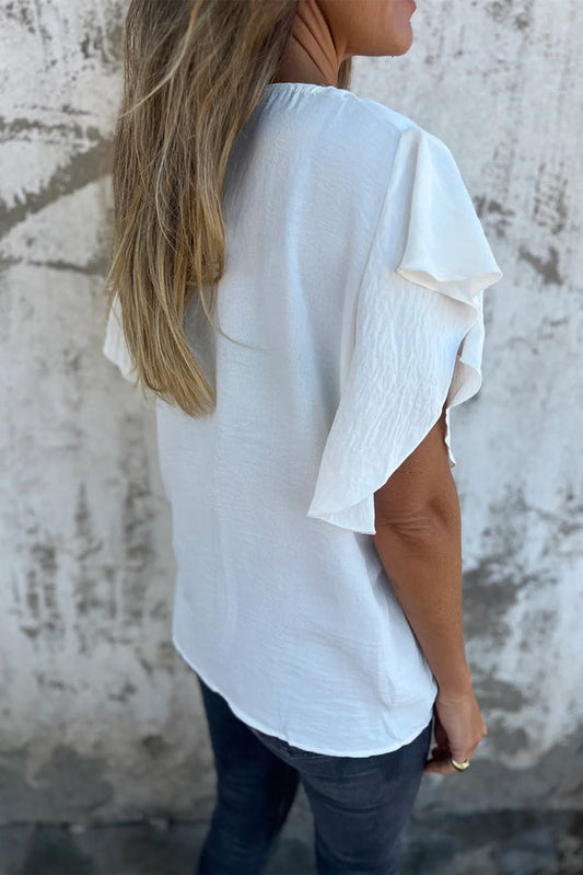 White Color V-neck Ruffle Short Sleeve Blouse